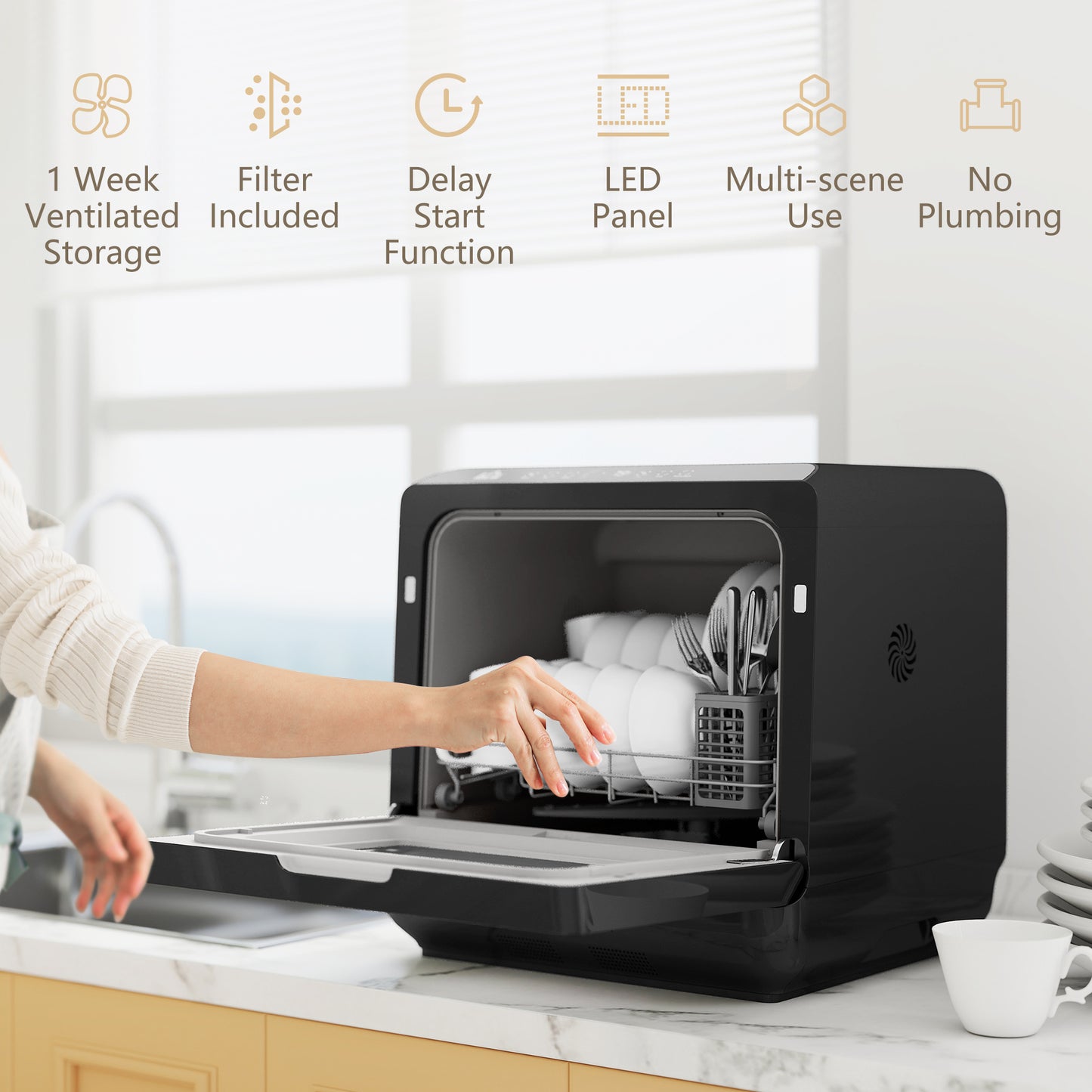 Table Top Dishwasher with Built-in 6L Water Tank, Mini Countertop Dishwasher with 6 Programs, 4 Place Settings, Black