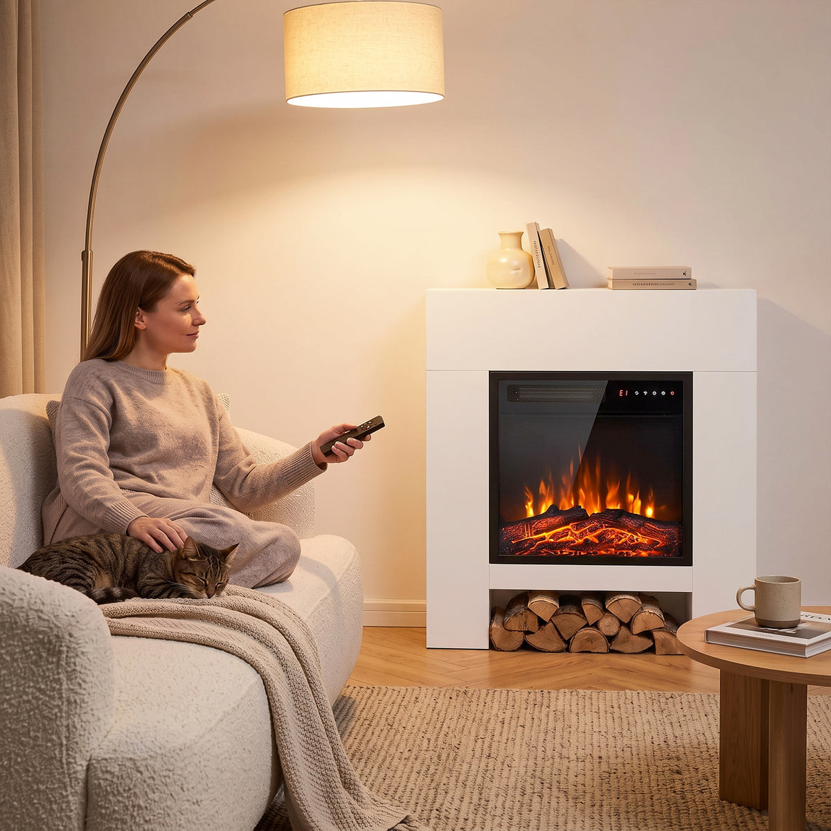 White Electric Fireplace Suite | 75cm Freestanding Mantel & Lower Storage | 900/1800W, Adjustable Log Flame Effect, 8-Hour Timer & Remote