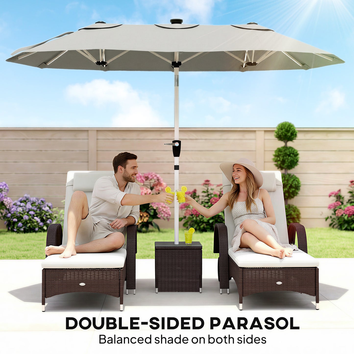 3m Double-Sided Garden Parasol | 12 Solar LED Strips | UPF30+ 180GSM Canopy | 12 Metal Ribs | Vented | Crank Handle | 295cm | Grey