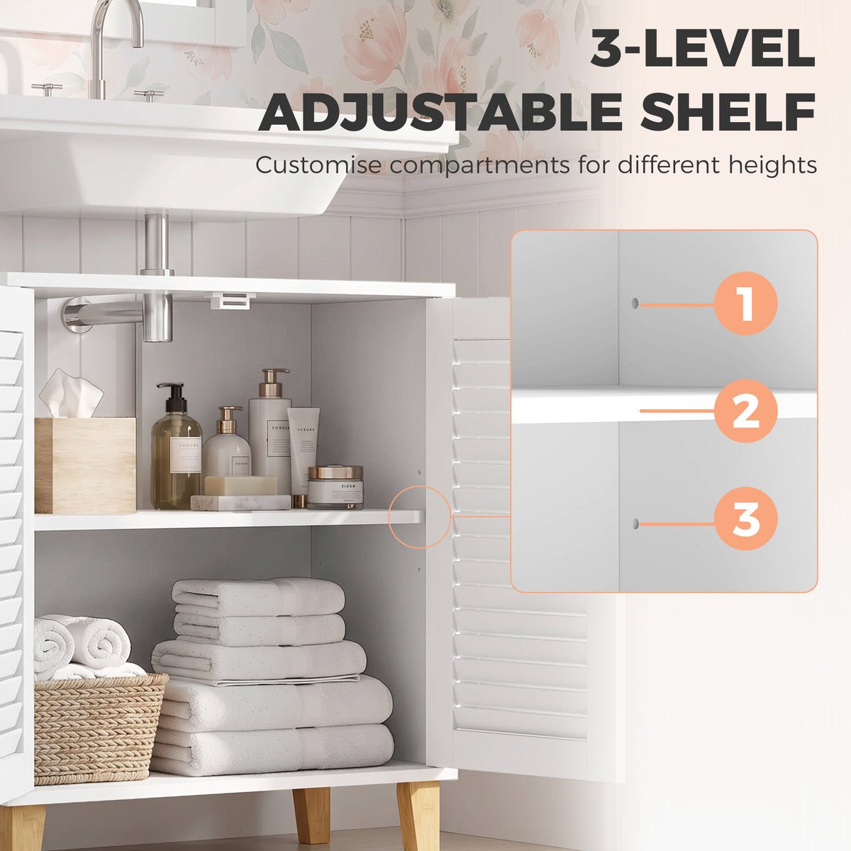Under Sink Bathroom Cabinet | 60W x 30D x 60H cm | 2 Louvre Doors, Adjustable Shelf & Bamboo Legs | White & Natural