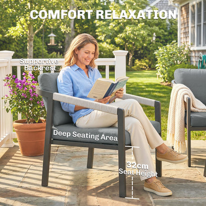 4-Seater Aluminium Garden Furniture Set | Loveseat, 2 Armchairs & Slatted Table | 10cm Cushions | Black
