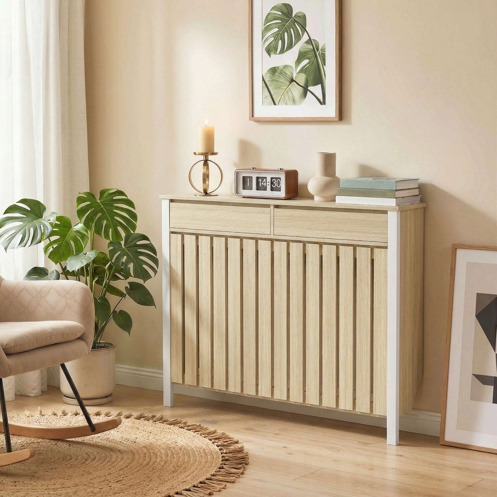 MDF & Particle Board Radiator Cover with 2 Drawers | Vertical Slats | Flat Top Display Surface | Wall Mountable | Pre-Cut Outs | 18kg Capacity | 119x19x93cm | Oak & White