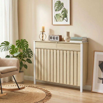 MDF & Particle Board Radiator Cover with 2 Drawers | Vertical Slats | Flat Top Display Surface | Wall Mountable | Pre-Cut Outs | 18kg Capacity | 119x19x93cm | Oak & White