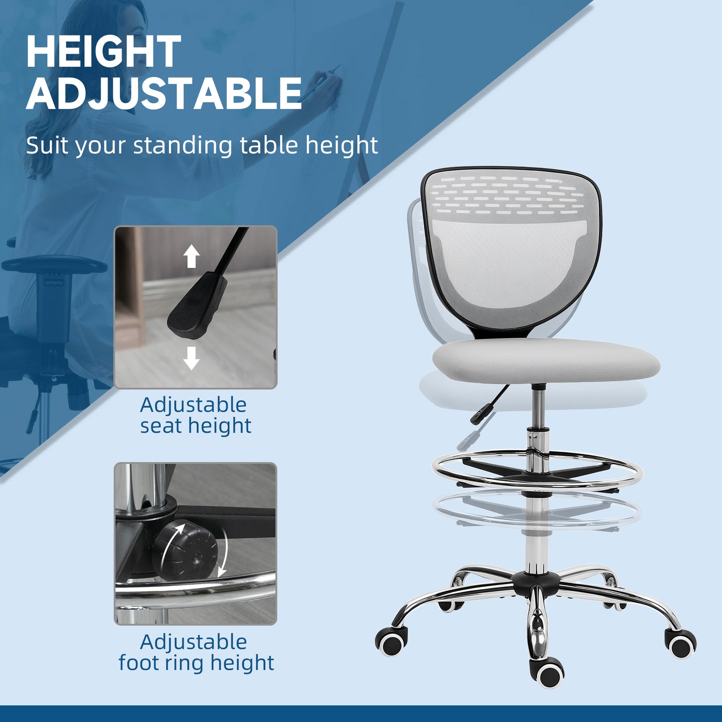 Draughtsman Chair for Tall Desks | Armless | Mesh Back | Padded Seat | Adjustable Foot Ring | 106-126cm Height | 110kg | Light Grey