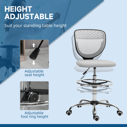 Draughtsman Chair for Tall Desks | Armless | Mesh Back | Padded Seat | Adjustable Foot Ring | 106-126cm Height | 110kg | Light Grey