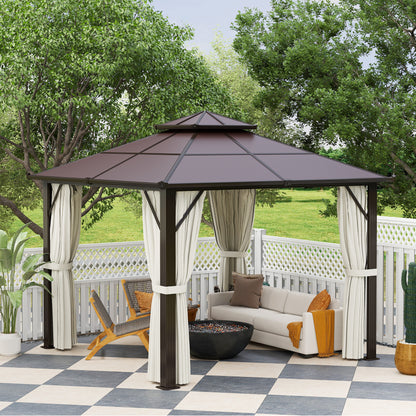 Outsunny 3 x 3(m) Hardtop Gazebo with Double Polycarbonate Roof, Garden Gazebo Permanent Pavilion with Mosquito Netting and Curtains for Patio, Deck, Beige