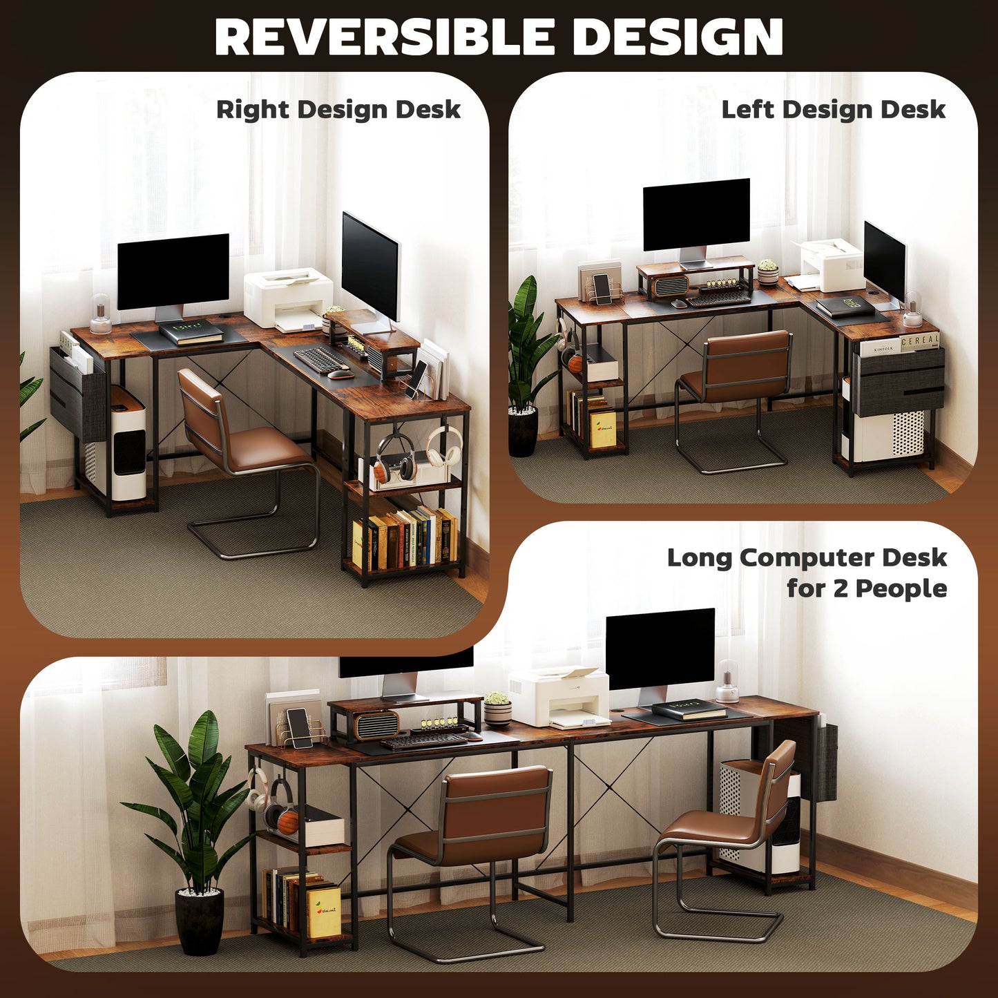 168cm Reversible L Shaped Desk, Industrial Corner Computer Desk with Adjustable Shelf and Storage Bag, 240cm 2 Person Desk with Monitor Stand