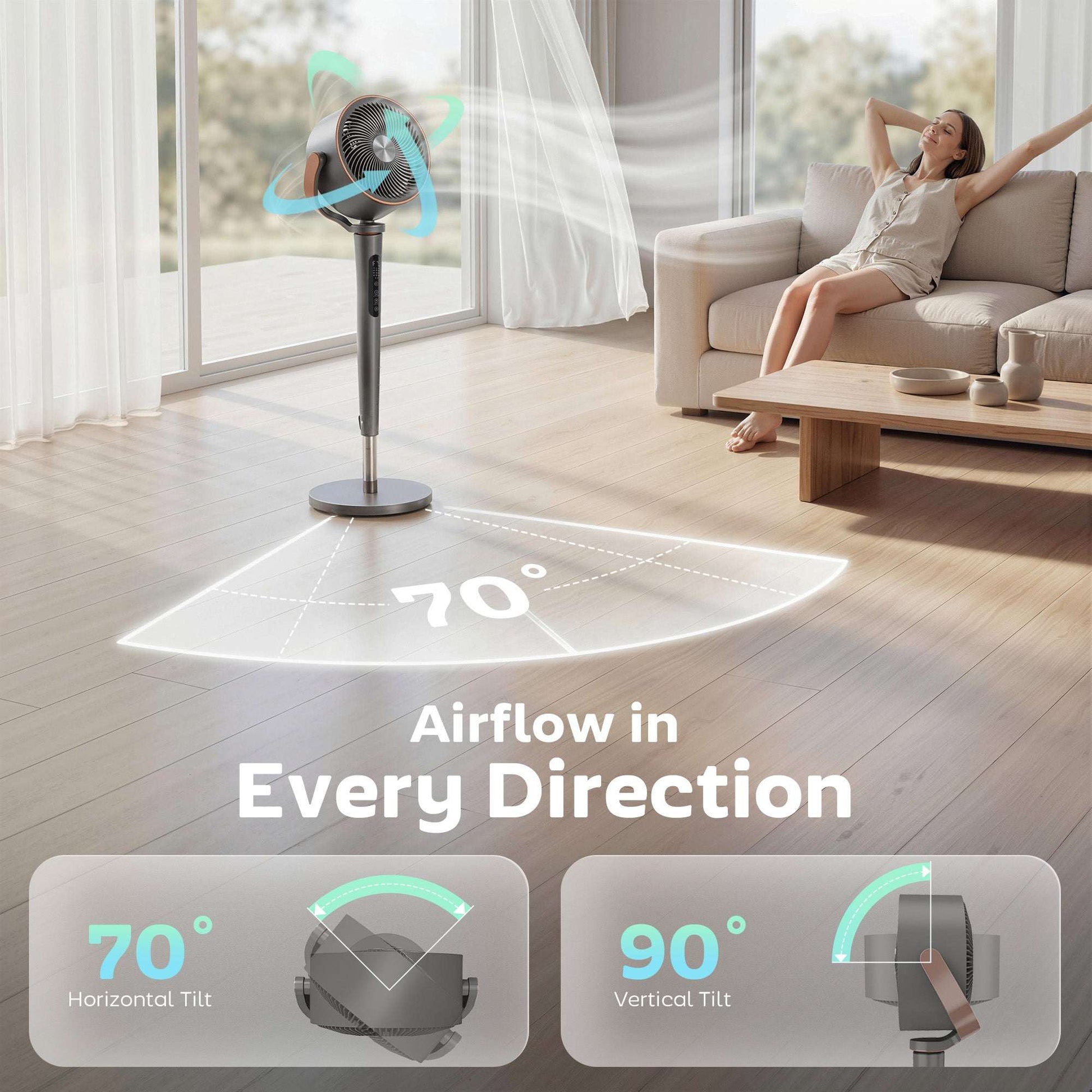 BLDC Pedestal Air Circulator Fan | 20dB Sleep Mode | 717 CFM | 12 Speeds | 3D Oscillation 70°+90° | Night Light & Aromatherapy | Washable Grill | 5m Remote | 12H Timer | 50W | 116.5cm | Grey