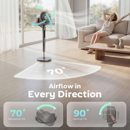 BLDC Pedestal Air Circulator Fan | 20dB Sleep Mode | 717 CFM | 12 Speeds | 3D Oscillation 70°+90° | Night Light & Aromatherapy | Washable Grill | 5m Remote | 12H Timer | 50W | 116.5cm | Grey