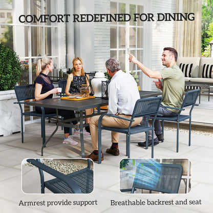Garden Chairs Set of 4, Stackable Rattan Effect Dining Chairs with Armrest, Weather Resistant and Lightweight for Patio, Balcony, Terrace, Dark Grey