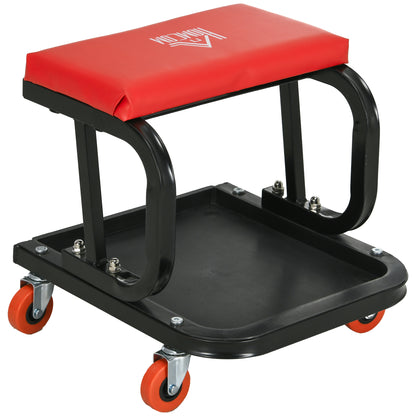 Workshop Stool, Rolling Mechanic Stool with 360 Degree Swivel, Padded Seat, Tool Tray, for Garage, Workshop, Auto Repair, Red