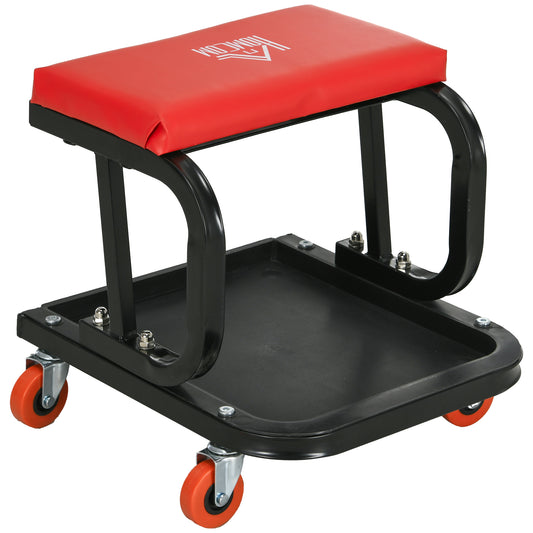 Workshop Stool, Rolling Mechanic Stool with 360 Degree Swivel, Padded Seat, Tool Tray, for Garage, Workshop, Auto Repair, Red