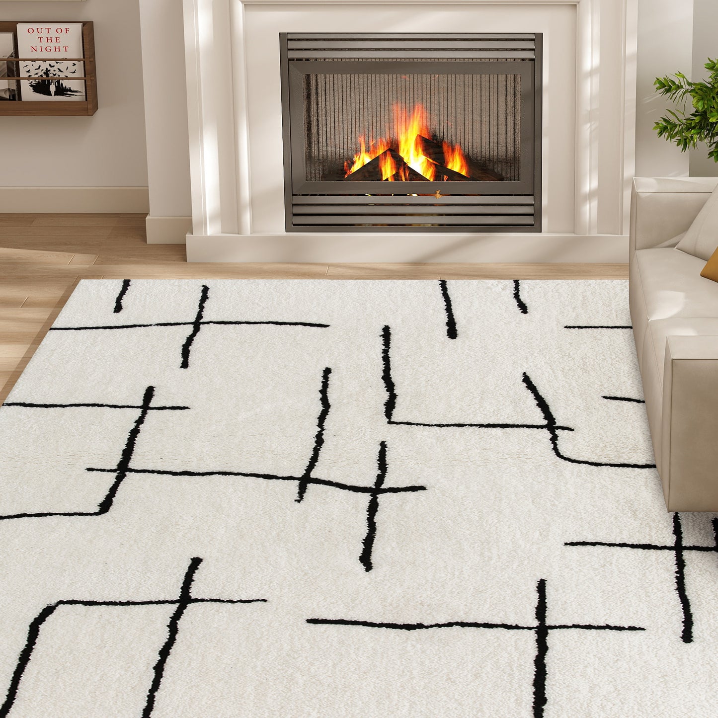 Modern Fluffy Geometric Area Rug | 100% Polyester High Pile | Washable | Cream Abstract Pattern | 170x120cm | Living Room Bedroom Dining Room Home Office