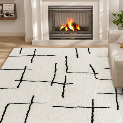 Modern Fluffy Geometric Area Rug | 100% Polyester High Pile | Washable | Cream Abstract Pattern | 170x120cm | Living Room Bedroom Dining Room Home Office