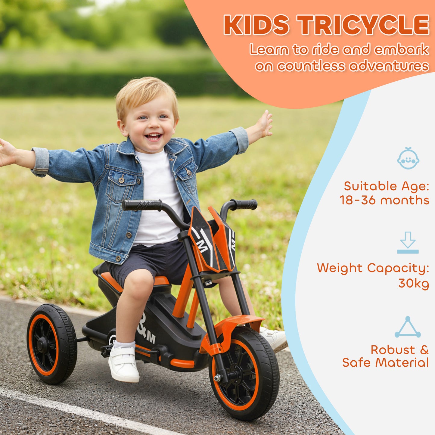 Kids Tricycle Toddler Trike | 3 Wheels | Pedal Bike | Steel Frame | 30kg | Ages 18–36 Months | 79x44x50cm | Orange