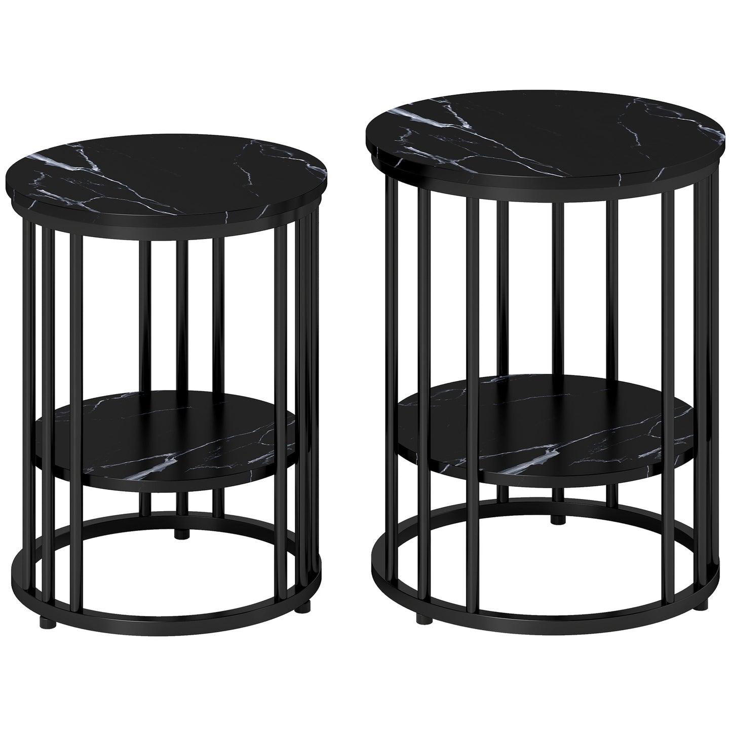 Set of 2 Marble-Effect Nest of Coffee Tables | 2-Tier Each | Adjustable Feet | Steel Frame | 45kg | Use Together or Separately | Black