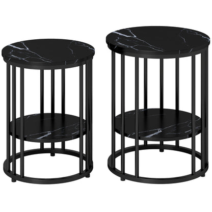 Set of 2 Marble-Effect Nest of Coffee Tables | 2-Tier Each | Adjustable Feet | Steel Frame | 45kg | Use Together or Separately | Black