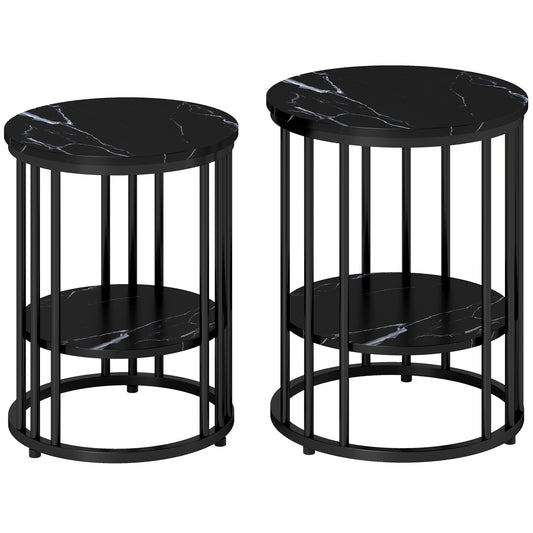 Set of 2 Marble-Effect Nest of Coffee Tables | 2-Tier Each | Adjustable Feet | Steel Frame | 45kg | Use Together or Separately | Black