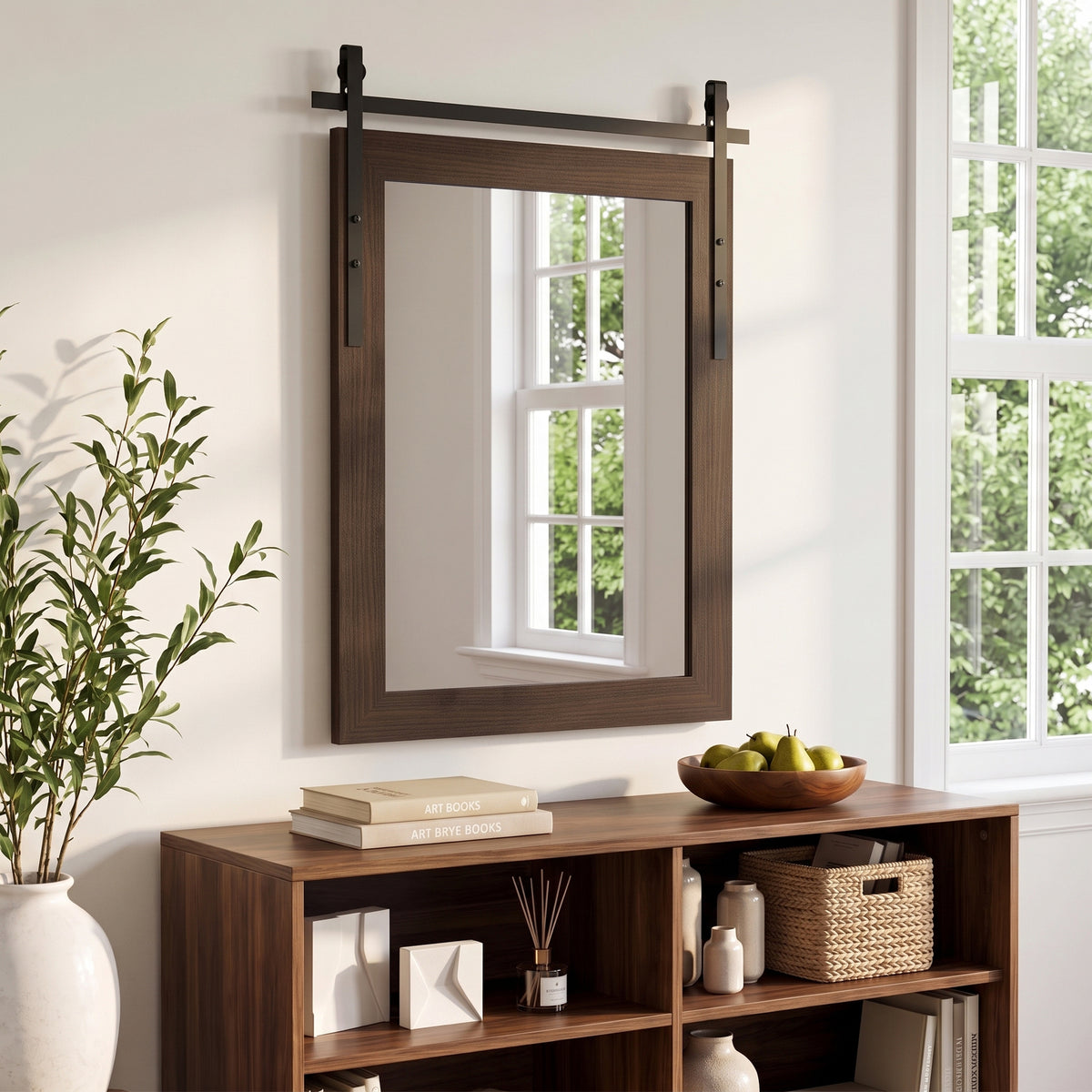 Farmhouse Wall Mirror | 86.5H x 61W cm | Rectangular Tempered Glass & Decorative Barn-Door Detail | Dark Brown / White Oak