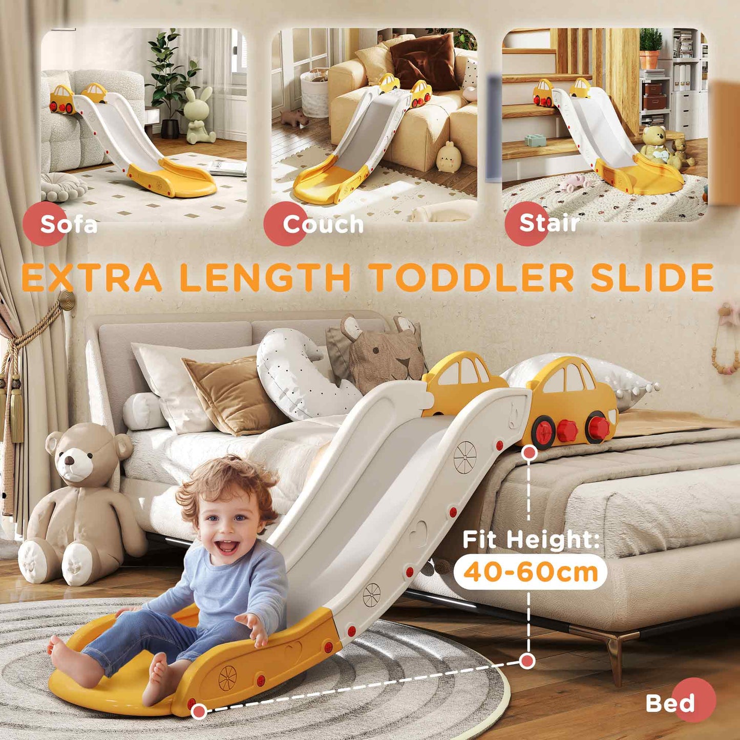 AIYAPLAY Kids Slide for Bed, Sofa, with Extended Length, Easy to assemble and Store, Yellow / Pink / Grey