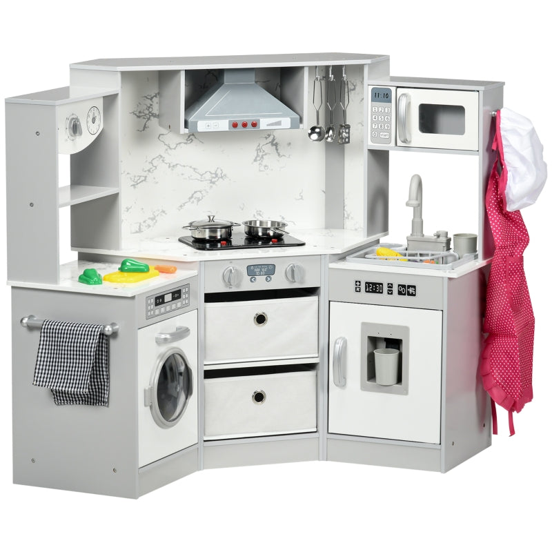 Kids Toy Kitchen With Running Water, Lights, Sounds, Apron and Chef Hat, Water Dispenser, for Ages 3-6 Years, Grey