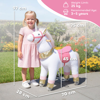 AIYAPLAY Kids Rocking Horse, Plush Walking Horse with Wheels, Ride On Unicorn Toy for Ages 3-5 Years Old, White