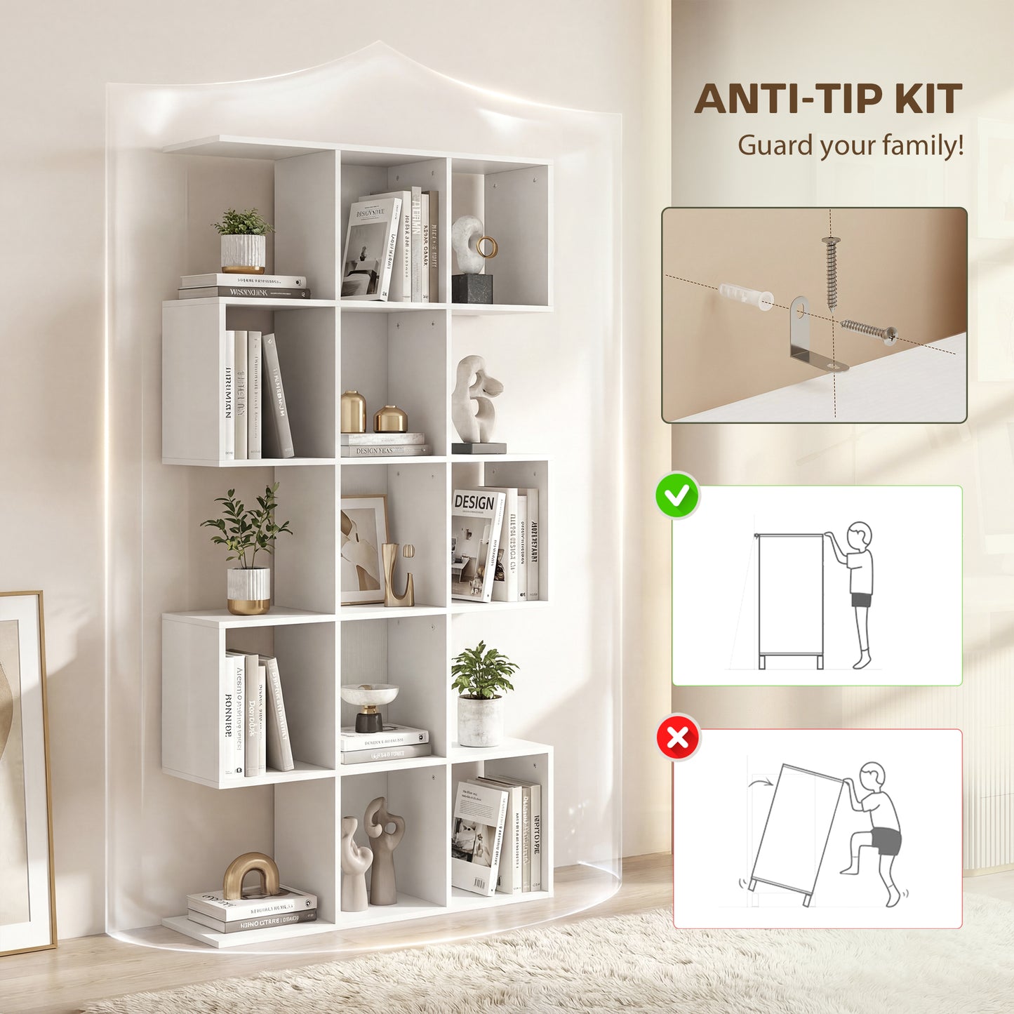 5-Tier S-Shaped Bookcase | 15 Compartments | White Wood Effect