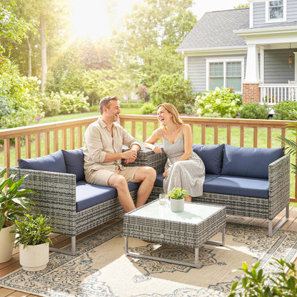4 Piece L-Shaped Rattan Corner Garden Sofa Set | 2 Loveseats | Storage Trunk | Coffee Table | Tempered Glass | Padded Cushions | Washable Covers | PE Wicker | Dark Blue