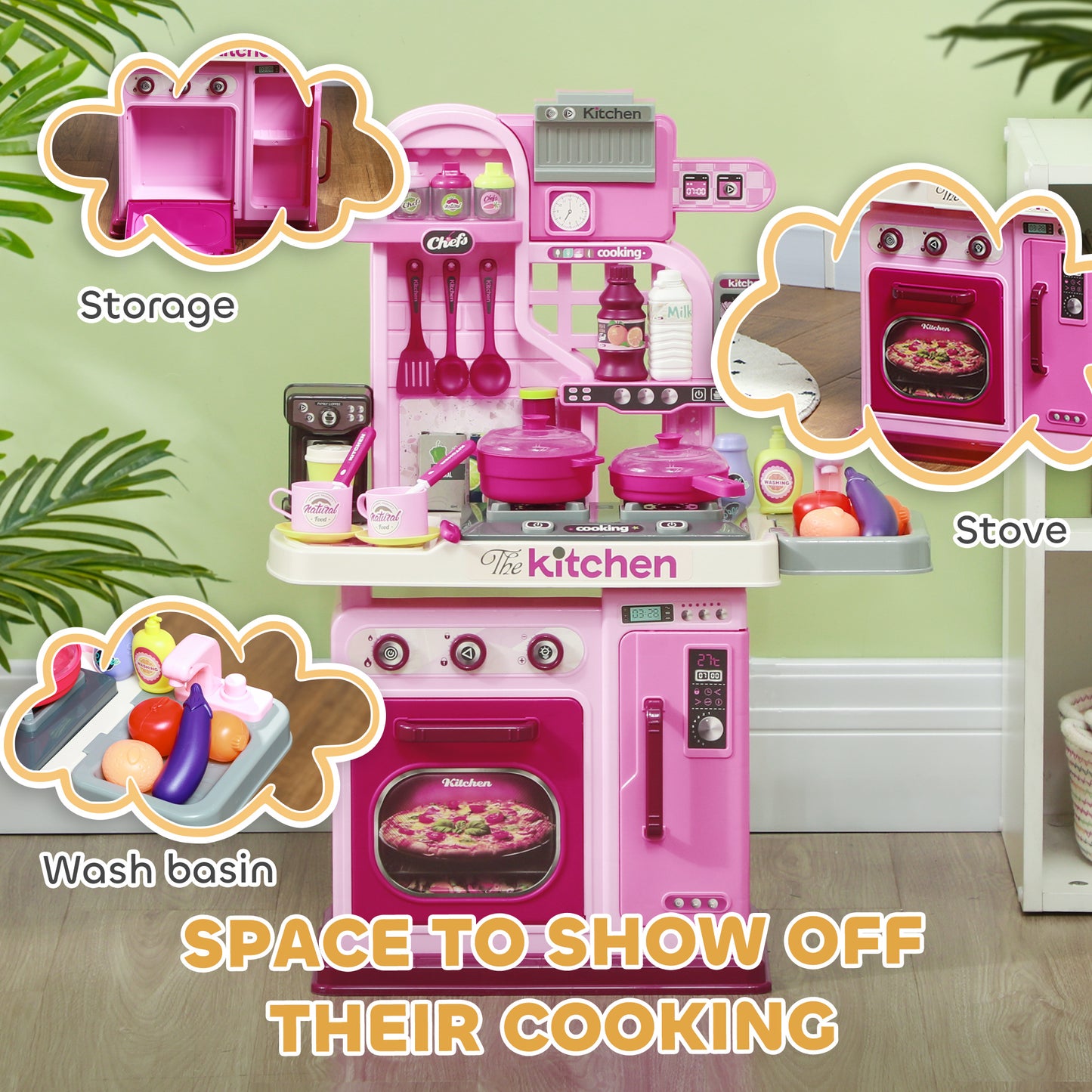AIYAPLAY Kids Kitchen with 33 Piece Accessories, Lights, Sounds, Storage, for Children 3-6 Years, Pink