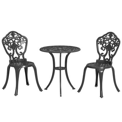 3 Piece Cast Aluminium Garden Bistro Set for 2 with Parasol Hole, Outdoor Coffee Table Set, Two Armless Chairs and Round Coffee Table