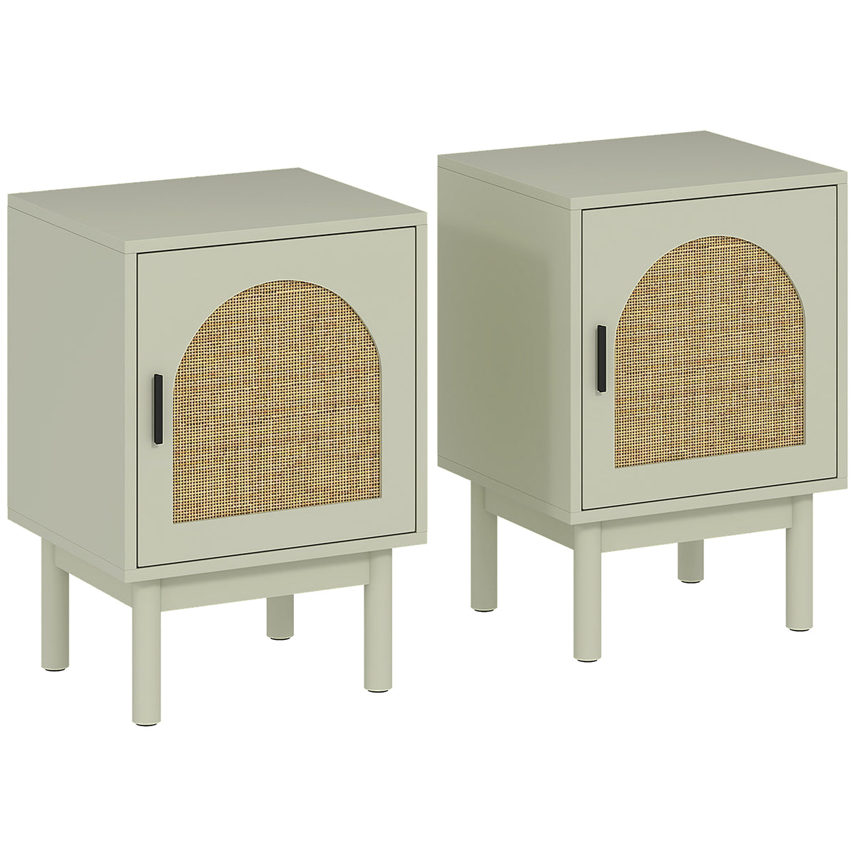 Set of 2 Rattan Bedside Tables | Light Green MDF & Rattan | 40x35x58cm Each | Arched Door | 3-Level Adjustable Shelf | Solid Wood Legs | Non-Slip Pads | 40kg | Bedroom Side Table