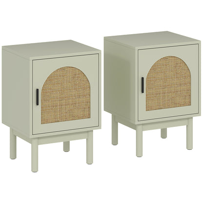 Set of 2 Rattan Bedside Tables | Light Green MDF & Rattan | 40x35x58cm Each | Arched Door | 3-Level Adjustable Shelf | Solid Wood Legs | Non-Slip Pads | 40kg | Bedroom Side Table