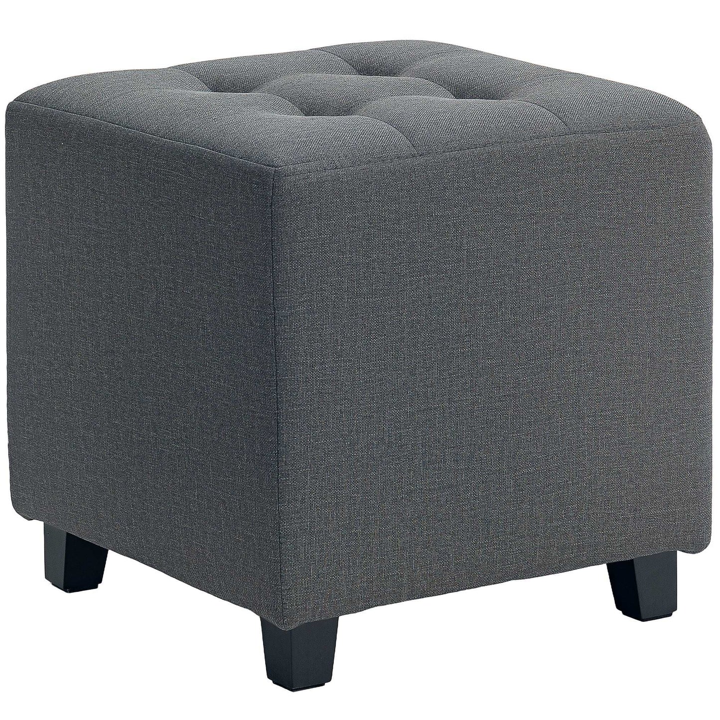 Square Footstool, Small Ottoman with Side Pocket, Linen Fabric Foot Stool W/ Rubber Wood Legs and Pad Seat for Living Room, 35 x 35 x 35cm, Grey