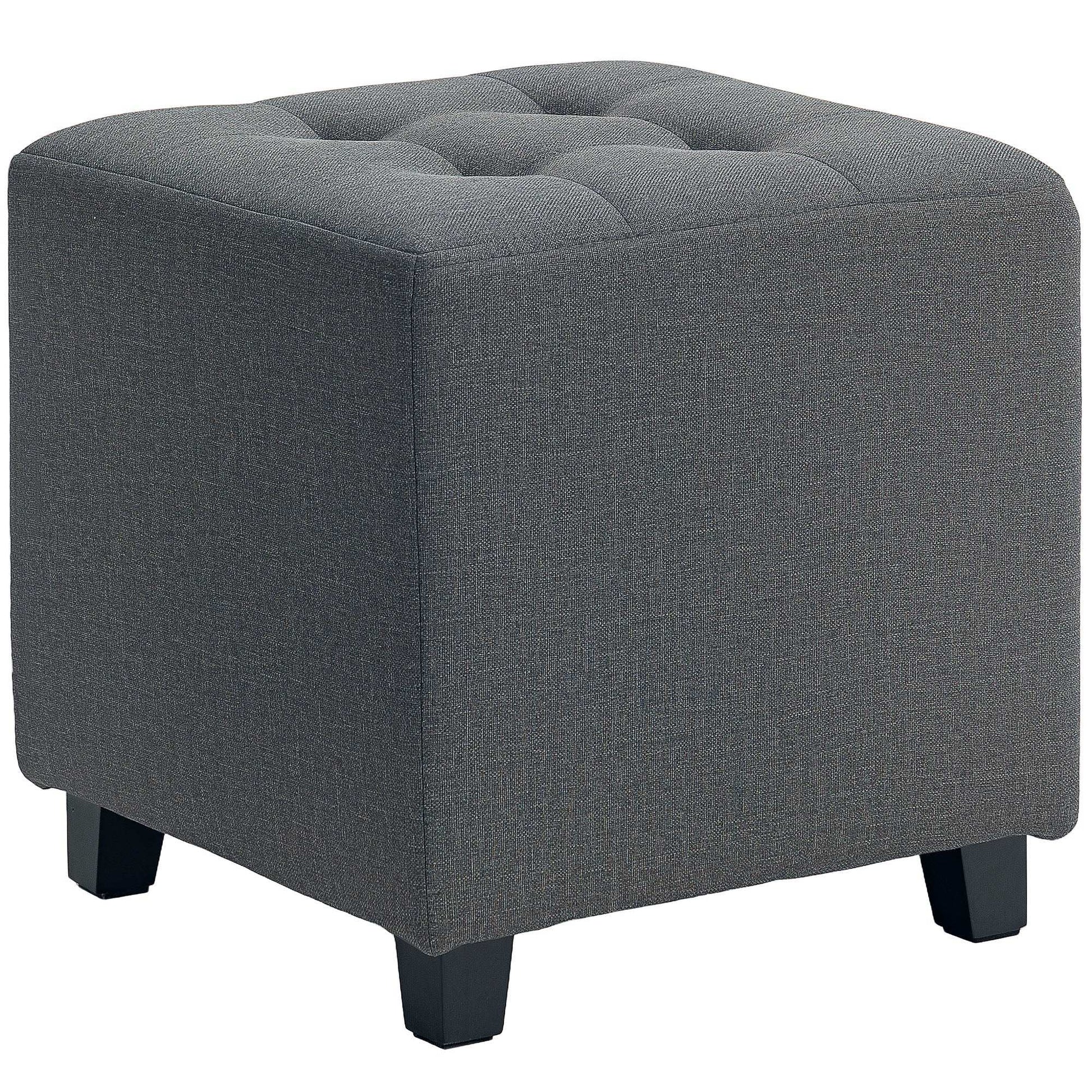 Square Footstool, Small Ottoman with Side Pocket, Linen Fabric Foot Stool W/ Rubber Wood Legs and Pad Seat for Living Room, 35 x 35 x 35cm, Grey