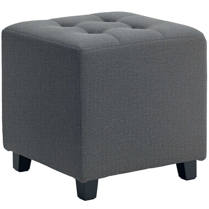 Square Footstool, Small Ottoman with Side Pocket, Linen Fabric Foot Stool W/ Rubber Wood Legs and Pad Seat for Living Room, 35 x 35 x 35cm, Grey