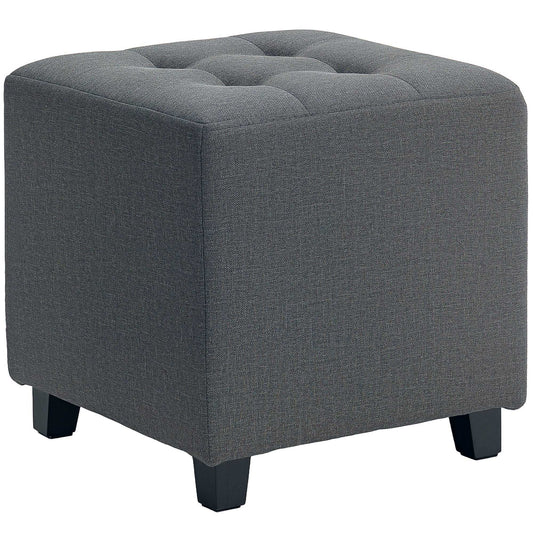 Square Footstool, Small Ottoman with Side Pocket, Linen Fabric Foot Stool W/ Rubber Wood Legs and Pad Seat for Living Room, 35 x 35 x 35cm, Grey