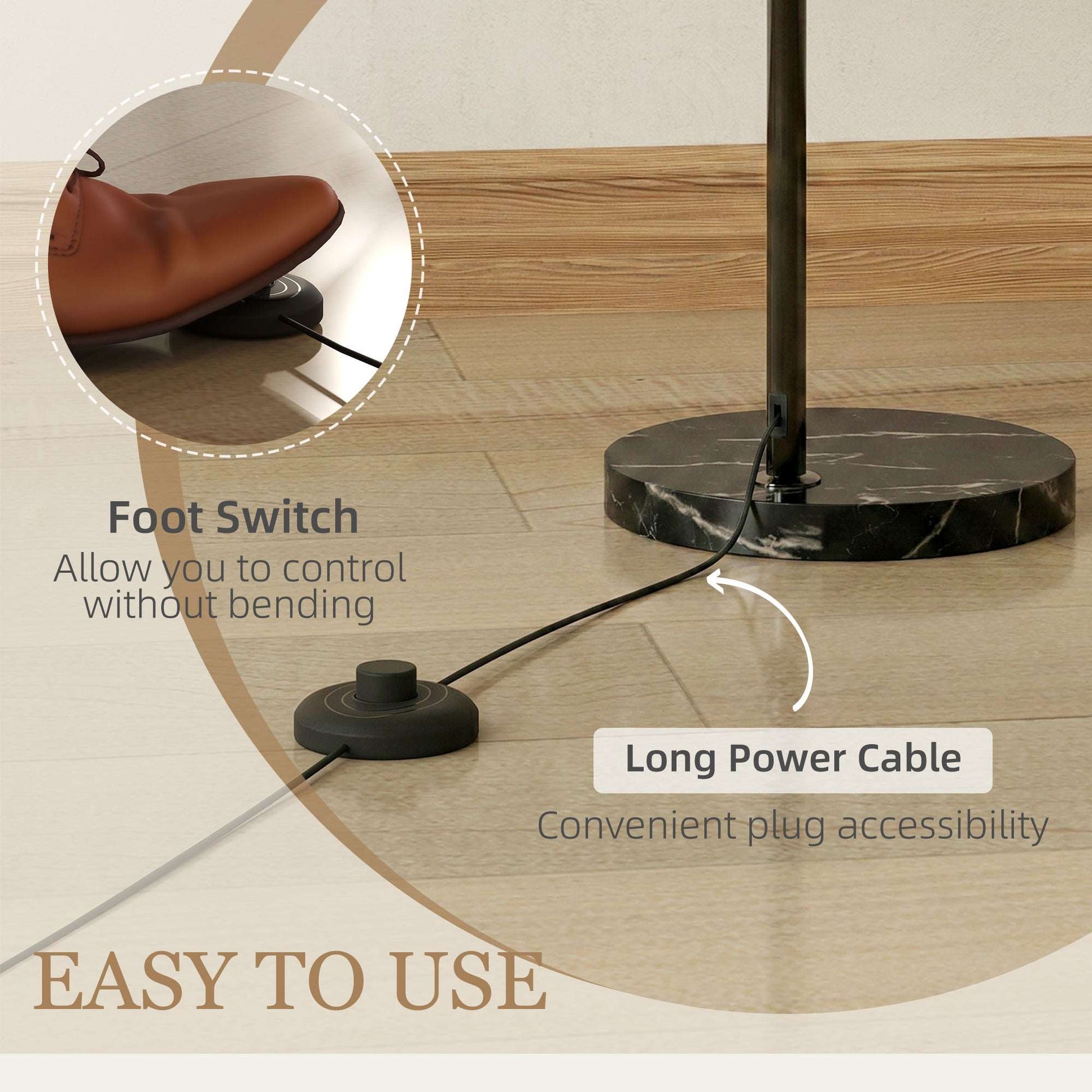 Modern Floor Lamp | Marble Base | Curved Head | Round Shade | Foot Switch | E27 | LED Compatible | 180cm | Black