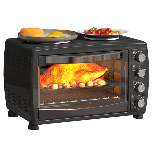 36L Small Oven with 2 Hot Plates, Countertop Toaster Oven, Grill, Roast, Bake, Boil, W/ Timer, Adjustable Temperature, Electric Oven W/ Grill Rack
