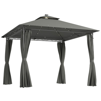 3 x 3 m Garden Gazebo, Double Roof Metal Gazebo with Curtains and Solar-Powered LED Lights, Outdoor Gazebo Canopy Shelter for Patio, Deck