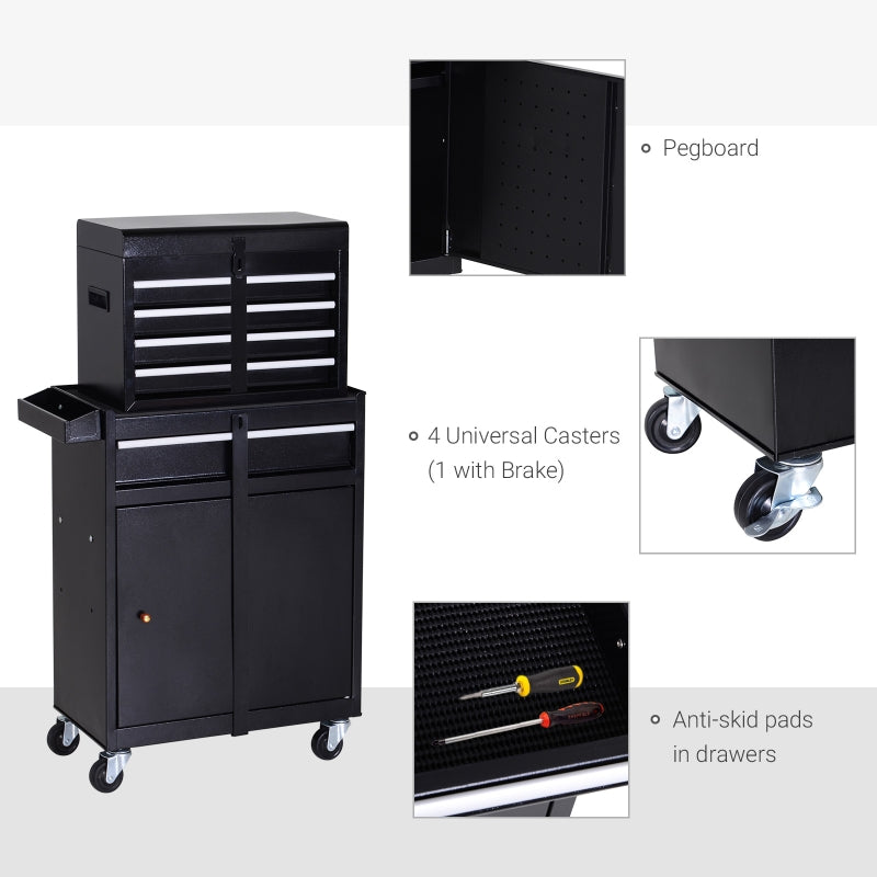 DURHAND Tool Chest 2 in 1 Metal Tool Cabinet Storage Box with 5 Drawers Pegboard Wheels 60x28x104.5cm Black