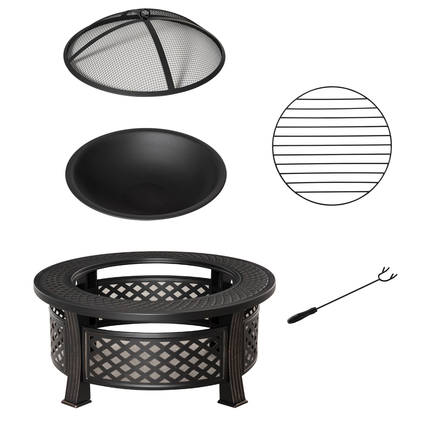 Outsunny Outdoor Fire Pit with Grill Net, Mesh Lid & Poker – Multifunctional BBQ & Bonfire Pit, Built-In Tabletop, Solid Steel, Bronze Tone