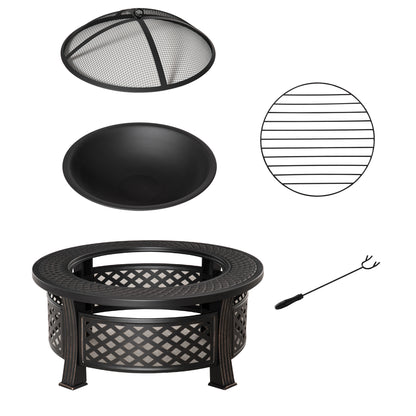 Outsunny Outdoor Fire Pit with Grill Net, Mesh Lid & Poker – Multifunctional BBQ & Bonfire Pit, Built-In Tabletop, Solid Steel, Bronze Tone