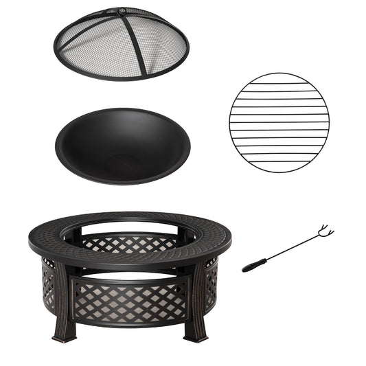 Outsunny Outdoor Fire Pit with Grill Net, Mesh Lid & Poker – Multifunctional BBQ & Bonfire Pit, Built-In Tabletop, Solid Steel, Bronze Tone