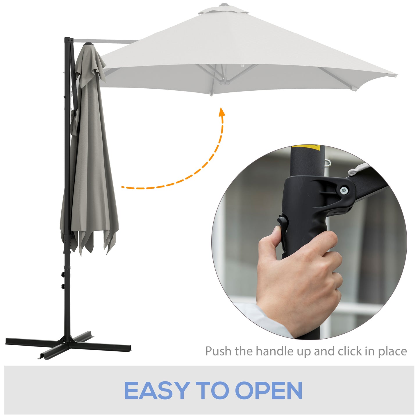 Outsunny 2.5M Garden Cantilever Parasol, Umbrella Hanging Sun Shade Canopy Shelter with 360° Rotation and Cross Base, Light Grey