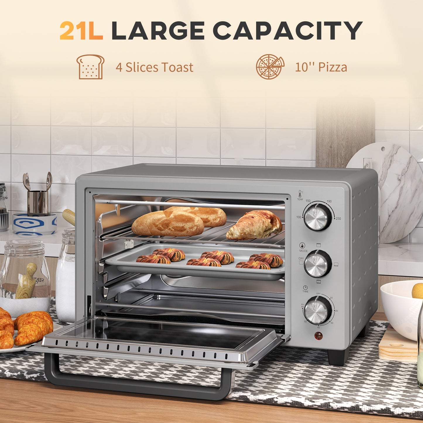 21L Mini Countertop Oven, 100°C-230°C Adjustable Temp - Silver Tone