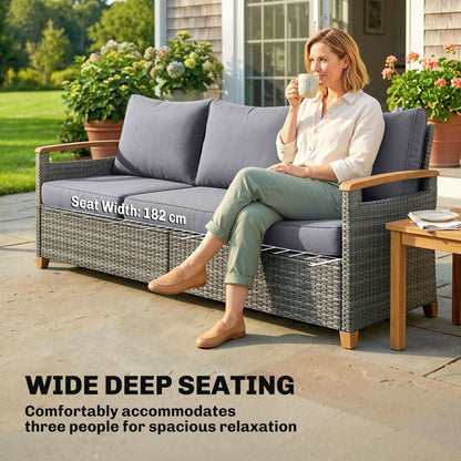 3-Seater Rattan Garden Sofa | PE Wicker | 10cm Seat Cushions | Washable Covers | Wood-Effect Arms | 360kg | All-Weather | Dark Grey