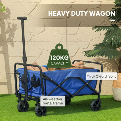 62L Festival Trolley on Wheels, Garden Folding Trolley Cart, 120kg Heavy Duty Collapsible Folding Wagon with Adjustable Handle and Carrying Bag for Beach, Camping, Festival, Blue