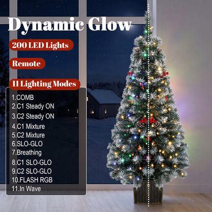 Set of 2 Slim Pre-Lit Christmas Trees | Green Frosted Tips | 120cm 4ft Pencil | 100 LEDs Warm White Multicolour | 11 Modes Remote | 140 Tips Pine Cones Berries | Battery Operated | Pot Base
