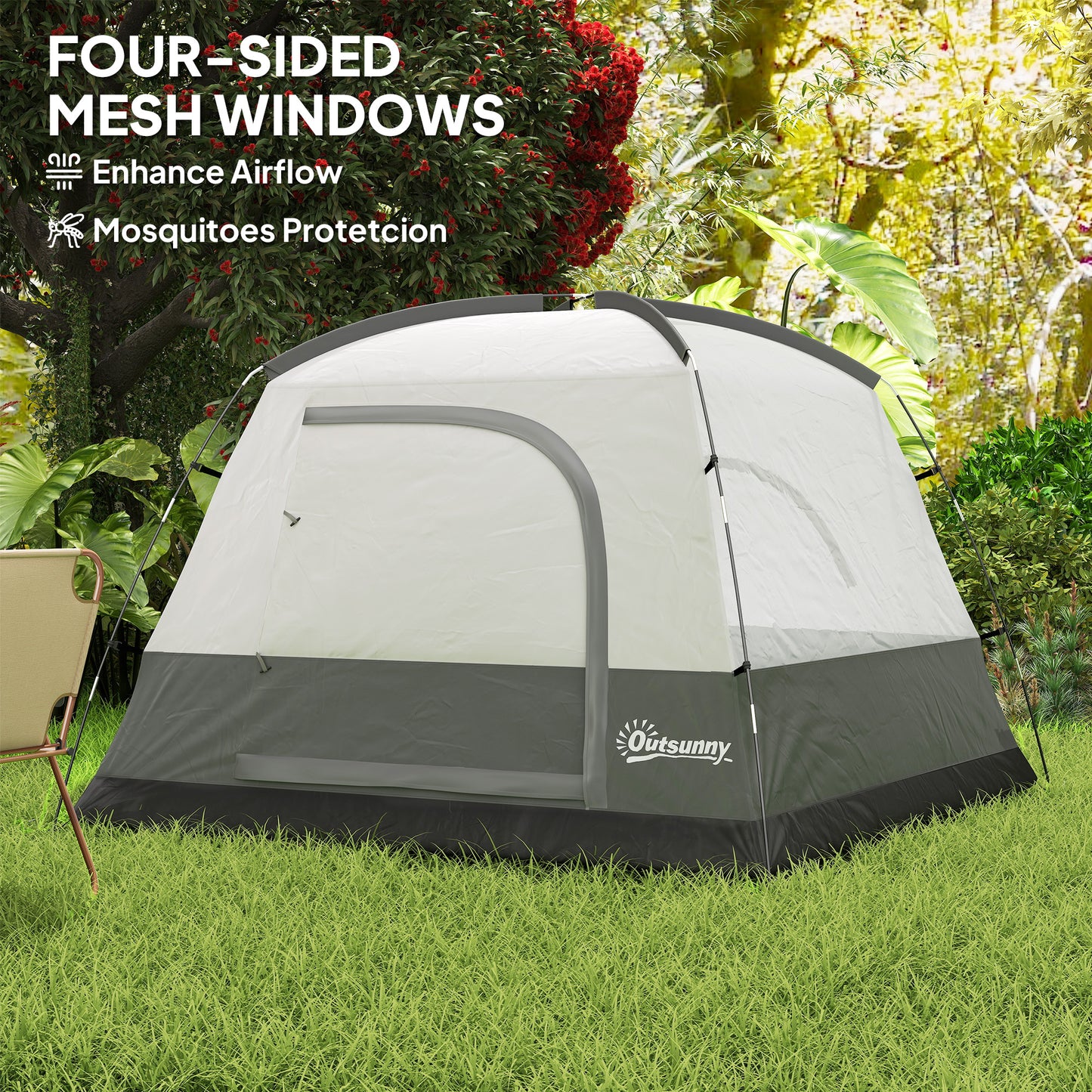 3-4 Person Camping Tent, Easy Set Up Waterproof Dome Tent with Sewn-in Groundsheet, Mesh Windows, Pocket and Hook for Camping, Orange & Grey