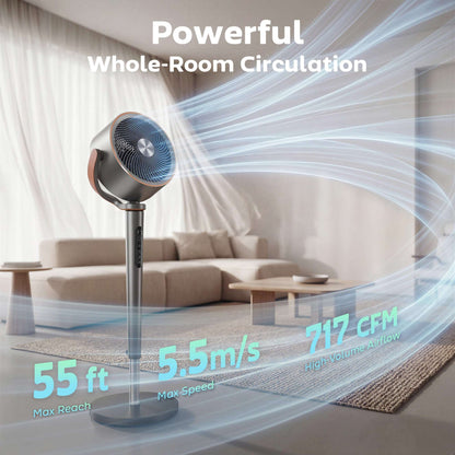 BLDC Pedestal Air Circulator Fan | 20dB Sleep Mode | 717 CFM | 12 Speeds | 3D Oscillation 70°+90° | Night Light & Aromatherapy | Washable Grill | 5m Remote | 12H Timer | 50W | 116.5cm | Grey